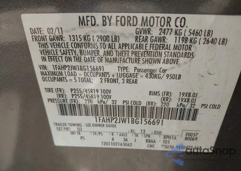 2011 Ford Taurus Limited из США, поврежденный, VIN 1FAHP2JW1BG156691